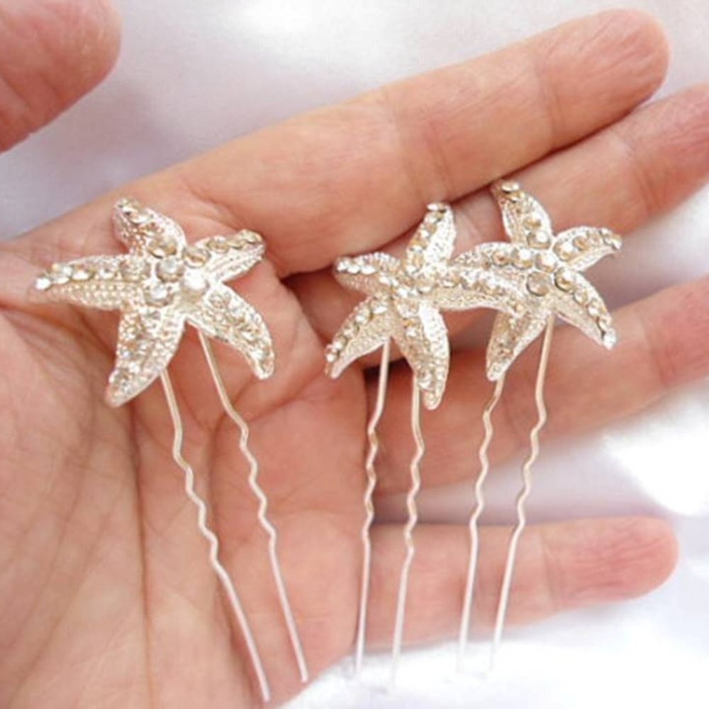 Beach Wedding Starfish Hair Pin Rhinestone Clip - Picture 2 of 4